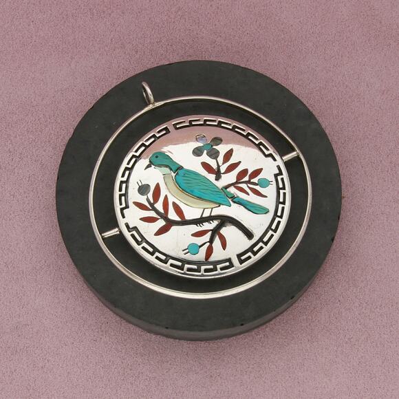 zuni sterling silver vintage two-sided cardinal & blue jay inlay pendant